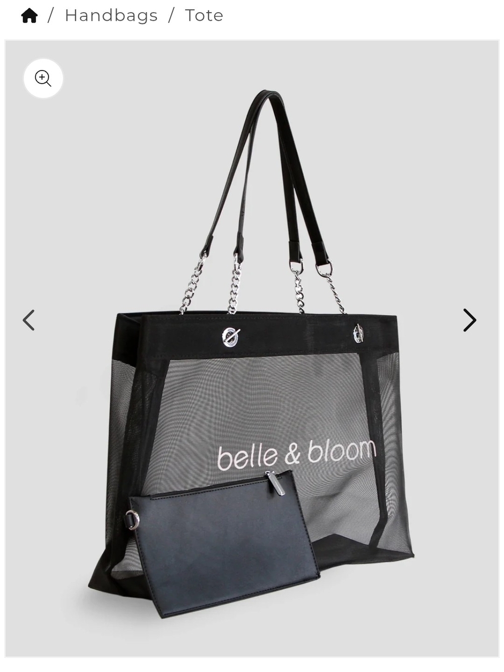 NWOT Belle & Bloom "Wild Lover" Mesh & Silver Chain Tote Bag + Pouch – Black